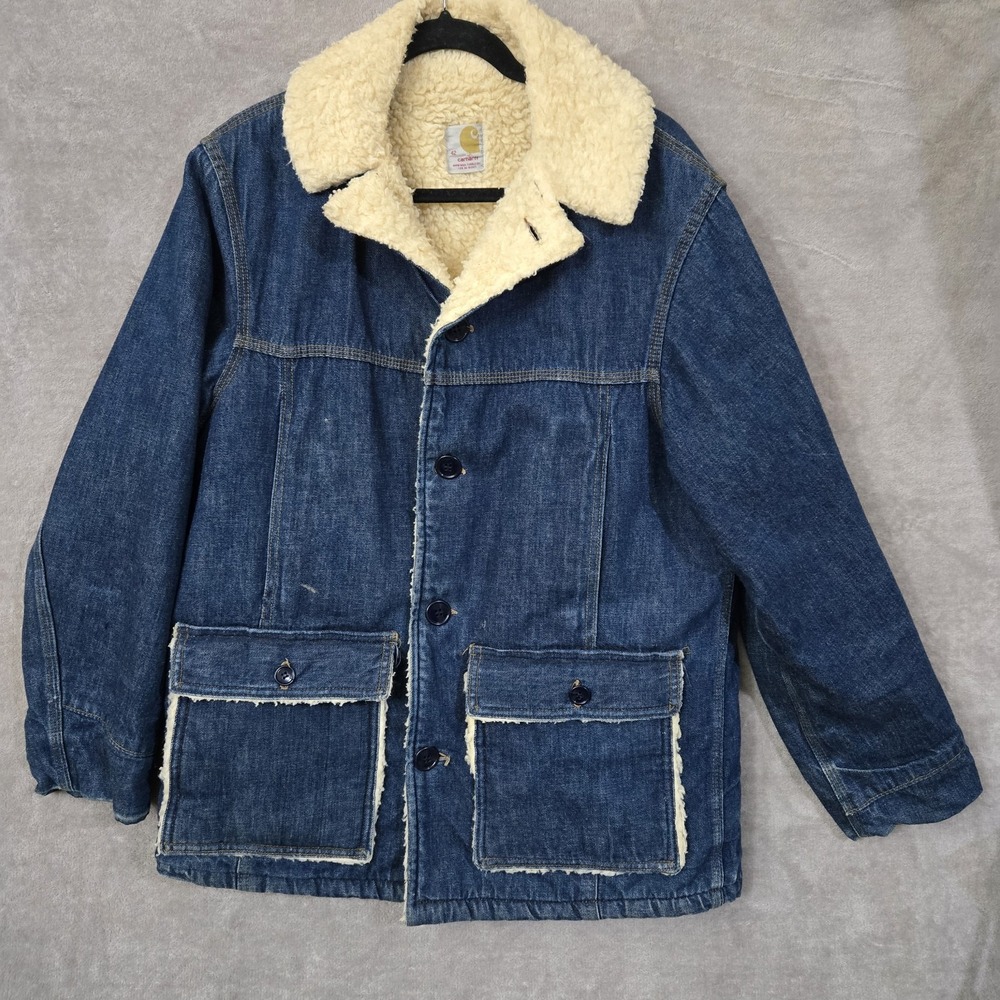 Vtg Carhartt Jacket Mens Size 42 Denim Sherpa Barn Chore Coat‎ 70s USA Hippie